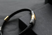 Load image into Gallery viewer, Fred Bennett Leather Bracelet with Black IP and Yellow Gold Plated Details