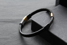 Load image into Gallery viewer, Fred Bennett Leather Bracelet with Black IP and Yellow Gold Plated Details
