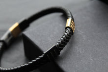 Load image into Gallery viewer, Fred Bennett Leather Bracelet with Black IP and Yellow Gold Plated Details