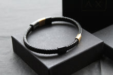 Load image into Gallery viewer, Fred Bennett Leather Bracelet with Black IP and Yellow Gold Plated Details