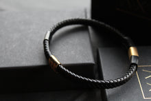 Load image into Gallery viewer, Fred Bennett Leather Bracelet with Black IP and Yellow Gold Plated Details