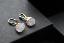 Load image into Gallery viewer, Gold Tone Raw Cut Rose Quartz Rock Earrings