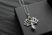 Load image into Gallery viewer, Peridot Sterling Silver Lotus Flower Pendant on Silver Chain