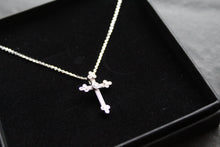 Load image into Gallery viewer, Silver, Gold & Cubic Zirconia Cathedral Cross Necklace