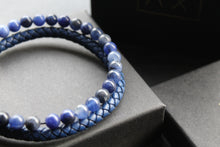 Load image into Gallery viewer, Sapphire Blue Leather Bracelet with Blue Beads and Steel Clasp