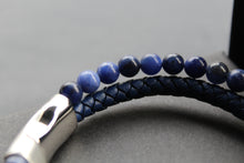 Load image into Gallery viewer, Sapphire Blue Leather Bracelet with Blue Beads and Steel Clasp