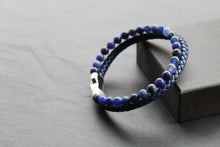 Load image into Gallery viewer, Sapphire Blue Leather Bracelet with Blue Beads and Steel Clasp
