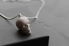 Load image into Gallery viewer, Clear CZ Encrusted Skull Pendant with 24-26” Silver Chain
