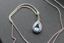 Load image into Gallery viewer, Ornate Silver & Aqua CZ Teardrop Pendant with 16-18" Chain