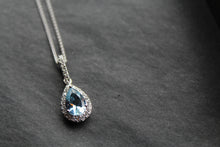 Load image into Gallery viewer, Ornate Silver & Aqua CZ Teardrop Pendant with 16-18" Chain