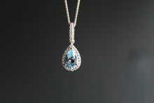Load image into Gallery viewer, Ornate Silver & Aqua CZ Teardrop Pendant with 16-18" Chain