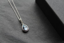Load image into Gallery viewer, Ornate Silver & Aqua CZ Teardrop Pendant with 16-18" Chain
