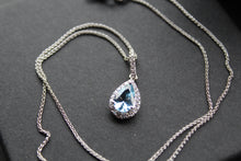 Load image into Gallery viewer, Ornate Silver & Aqua CZ Teardrop Pendant with 16-18" Chain