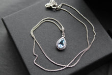 Load image into Gallery viewer, Ornate Silver & Aqua CZ Teardrop Pendant with 16-18" Chain