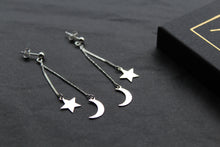 Load image into Gallery viewer, Silver Sun & Moon Drop Earrings