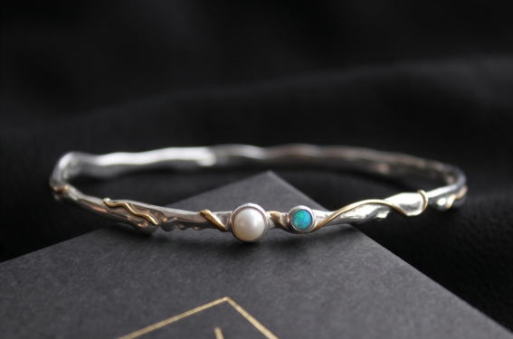 Delicate Opalite and Freshwater Pearl Bangle