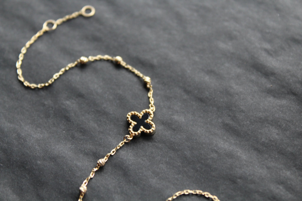 9ct Gold Onyx 'Vintage' Flower/Clover Bracelet - Swax Jewellery Barmouth