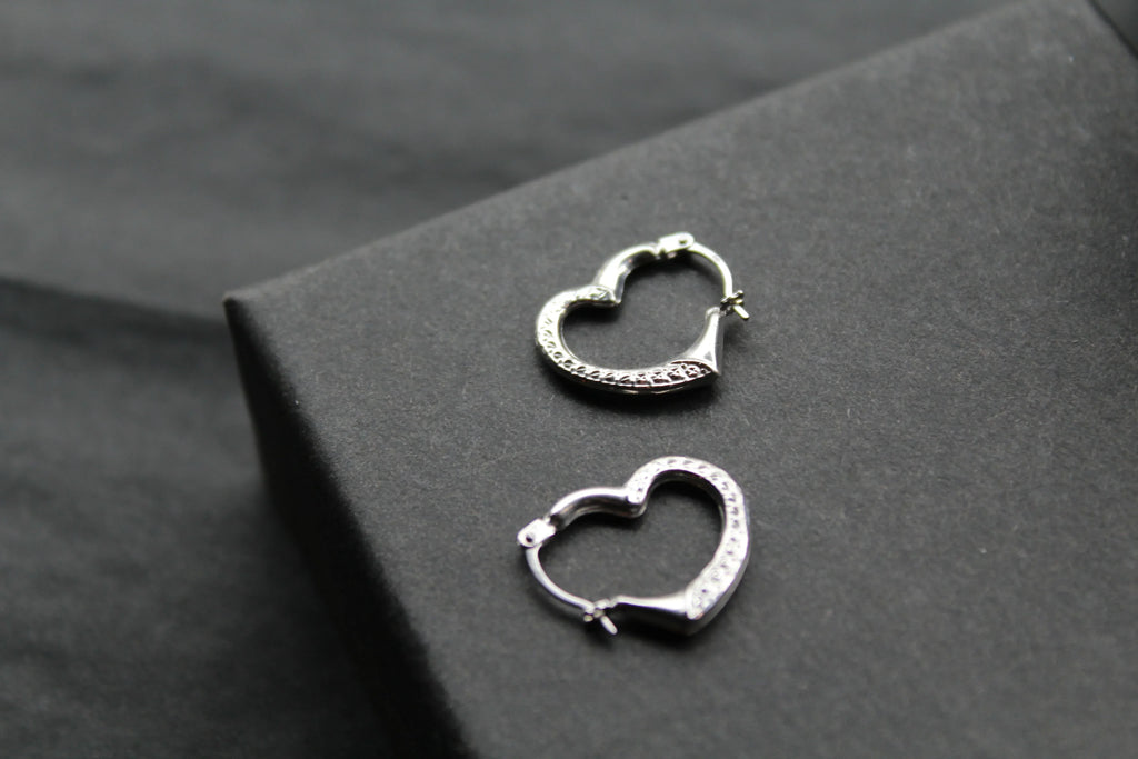 9ct White Gold Heart Hoops - Swax Jewellery Barmouth