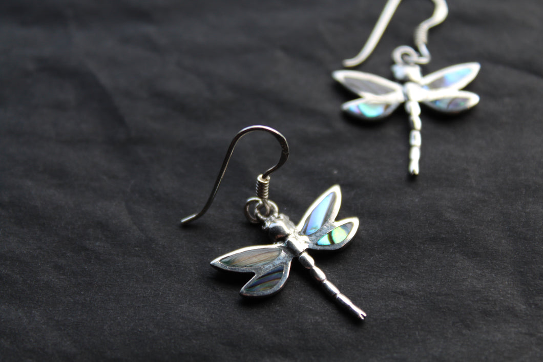 Abalone Shell & Sterling Silver Pointed Dragonfly Earrings