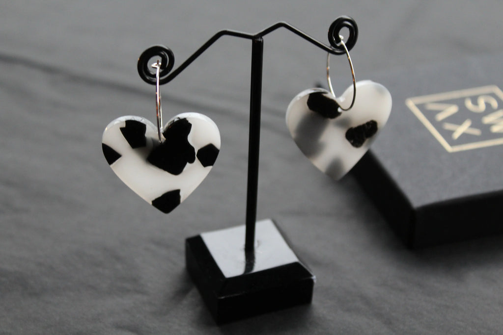 Acrylic Heart Hoops Black and White - Swax Jewellery Barmouth