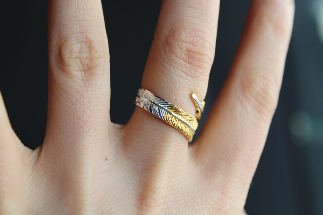 Adjustable Silver with Gold Plate Detail Feather Ring