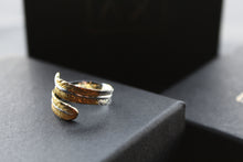 Load image into Gallery viewer, Adjustable Silver with Gold Plate Detail Feather Ring
