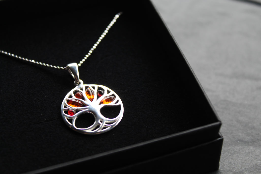 Amber Tree of Life Circle Pendant with Chain