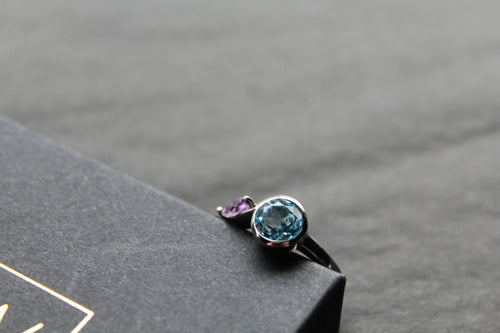 Amethyst & Blue Topaz Rhodium Plated Ring - Swax Jewellery Barmouth