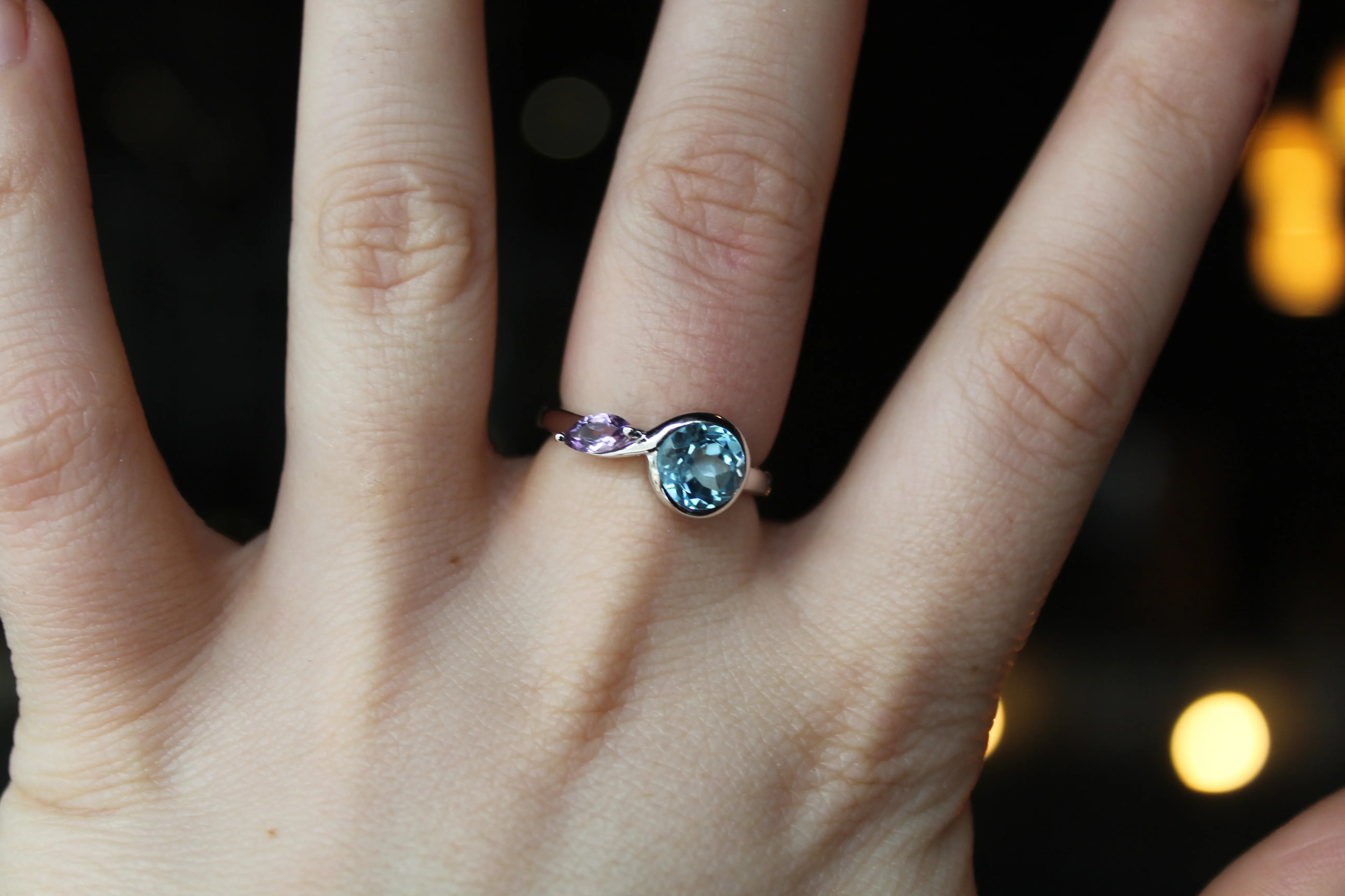 Amethyst & Blue Topaz Rhodium Plated Ring - Swax Jewellery Barmouth