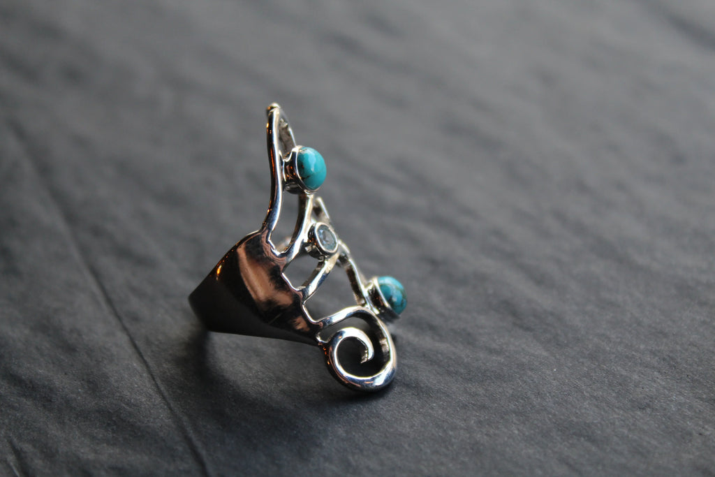Amy Blue Mohave Turquoise & Blue Topaz Long Swirly Ring - Swax Jewellery Barmouth