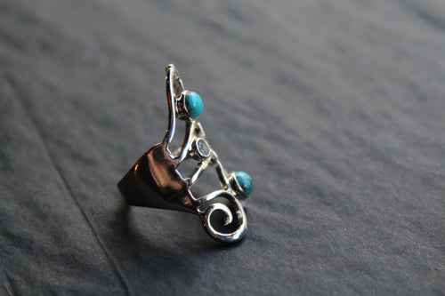 Amy Blue Mohave Turquoise & Blue Topaz Long Swirly Ring - Swax Jewellery Barmouth