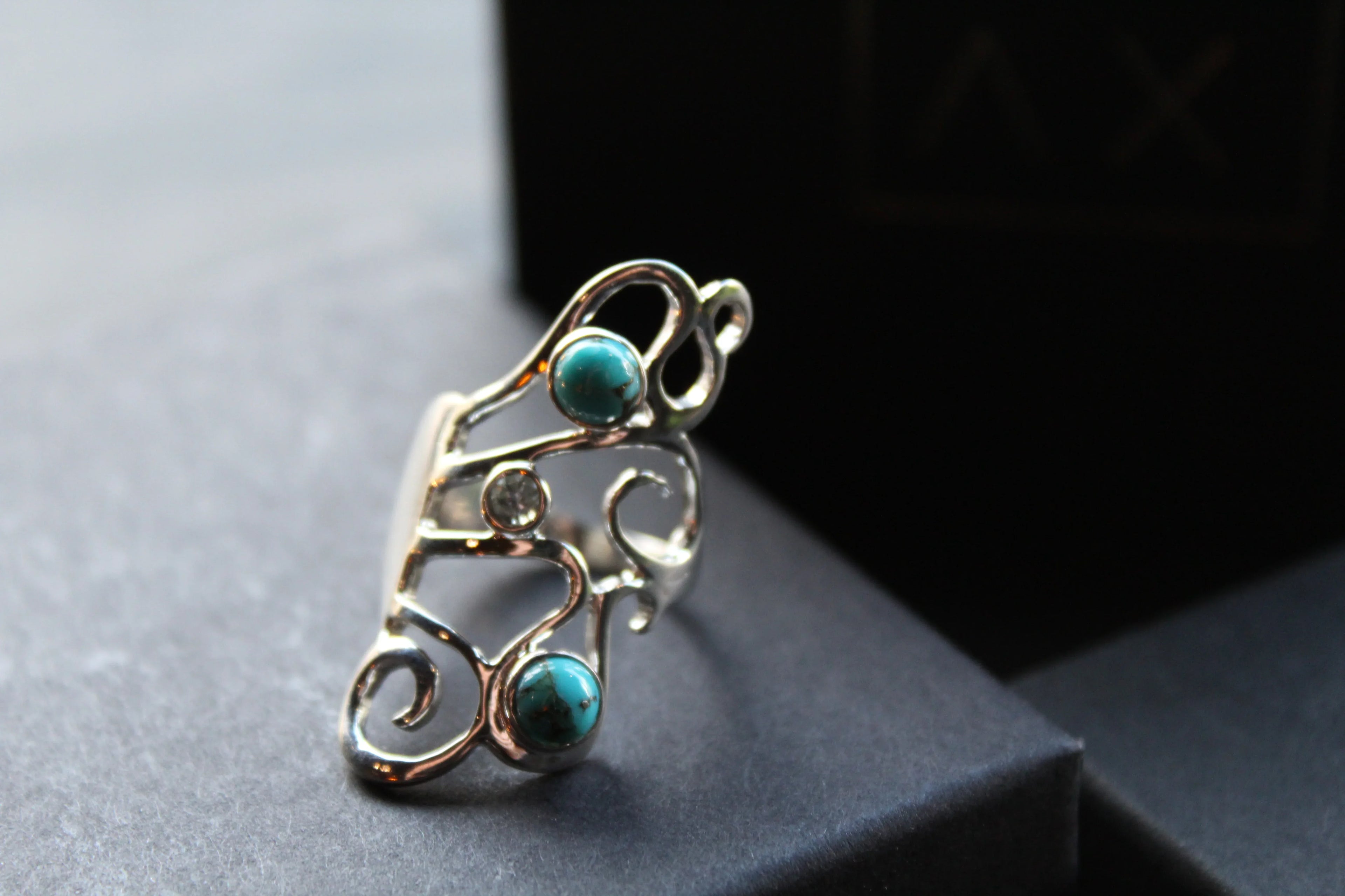 Amy Blue Mohave Turquoise & Blue Topaz Long Swirly Ring - Swax Jewellery Barmouth