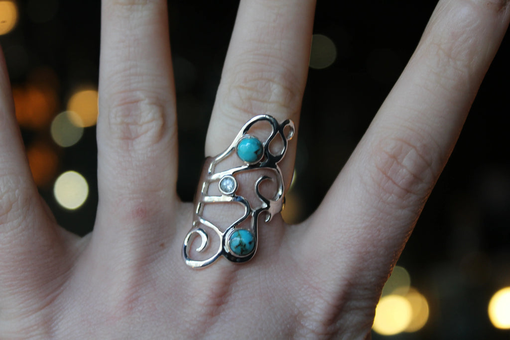 Amy Blue Mohave Turquoise & Blue Topaz Long Swirly Ring - Swax Jewellery Barmouth