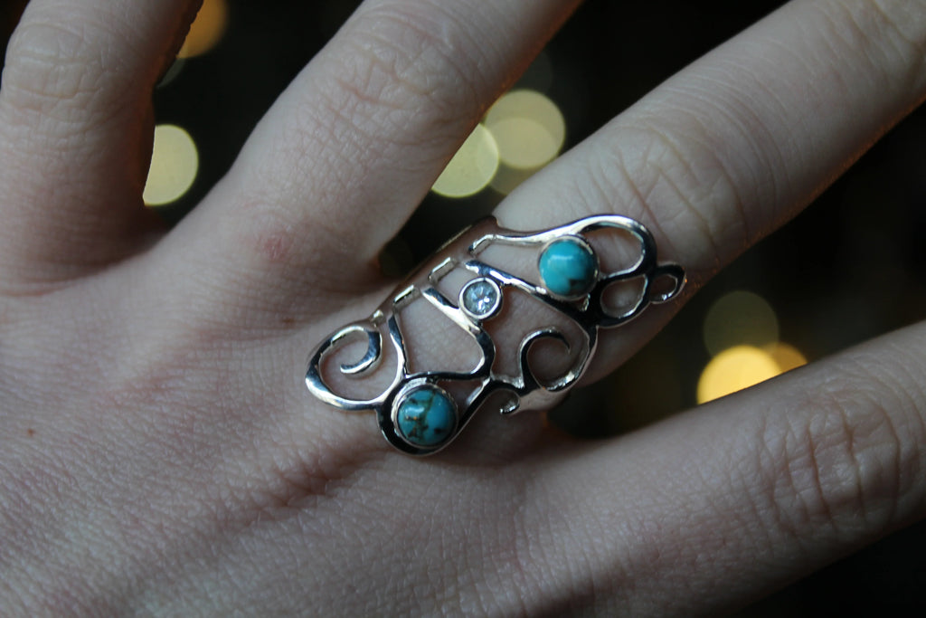 Amy Blue Mohave Turquoise & Blue Topaz Long Swirly Ring - Swax Jewellery Barmouth
