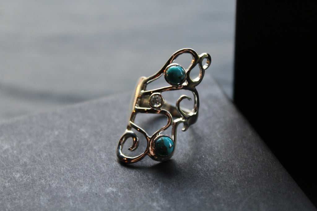Amy Blue Mohave Turquoise & Blue Topaz Long Swirly Ring - Swax Jewellery Barmouth