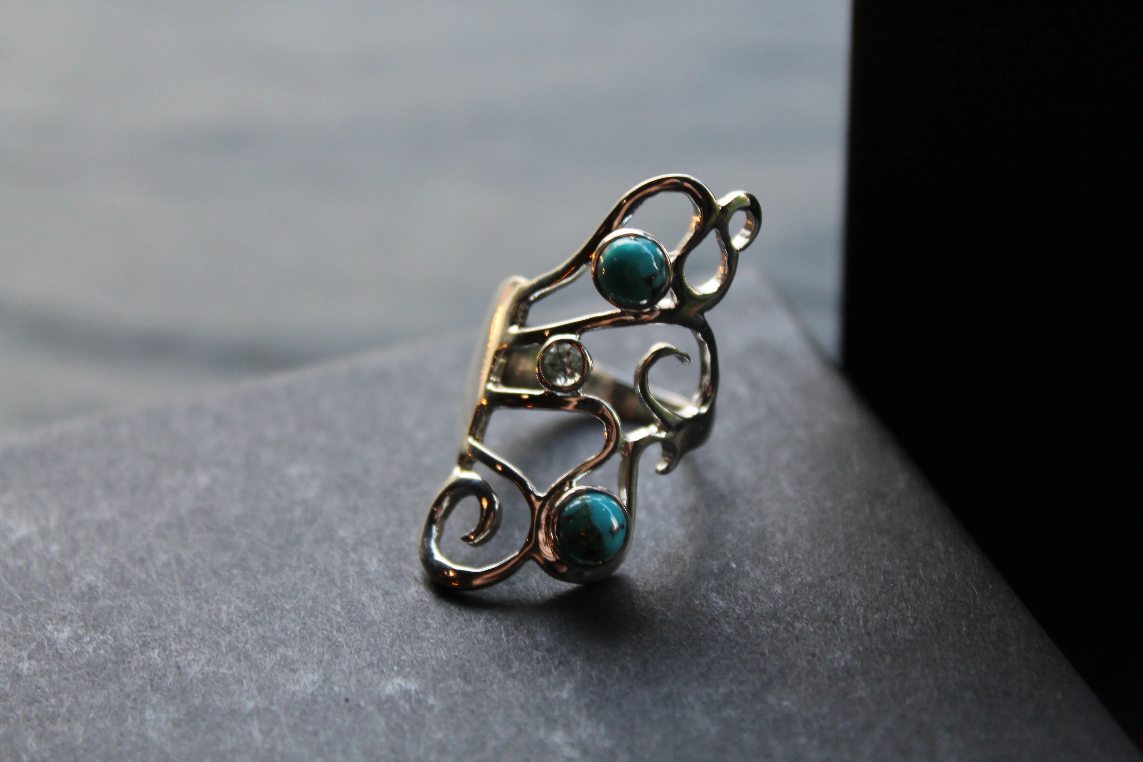 Amy Blue Mohave Turquoise & Blue Topaz Long Swirly Ring - Swax Jewellery Barmouth