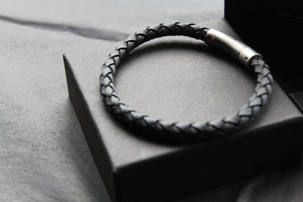 Antique Blue Thick Plaited Leather Bracelet