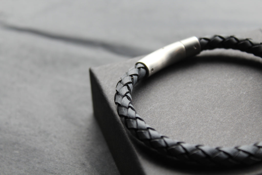 Antique Blue Thick Plaited Leather Bracelet