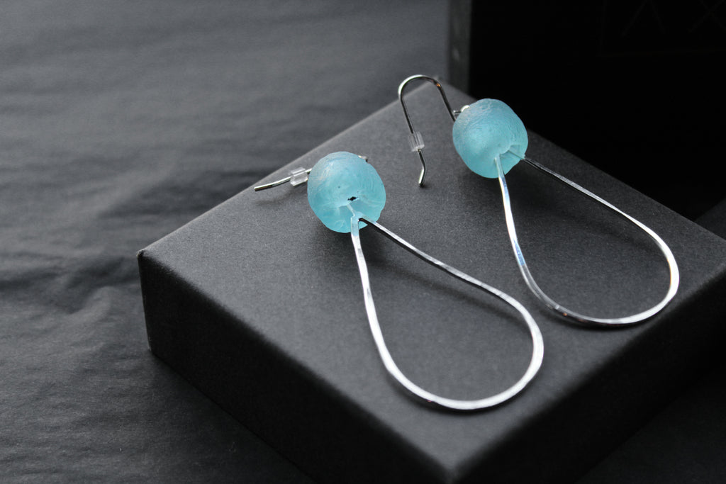Aqua Sea Glass Tear Drop Hoops