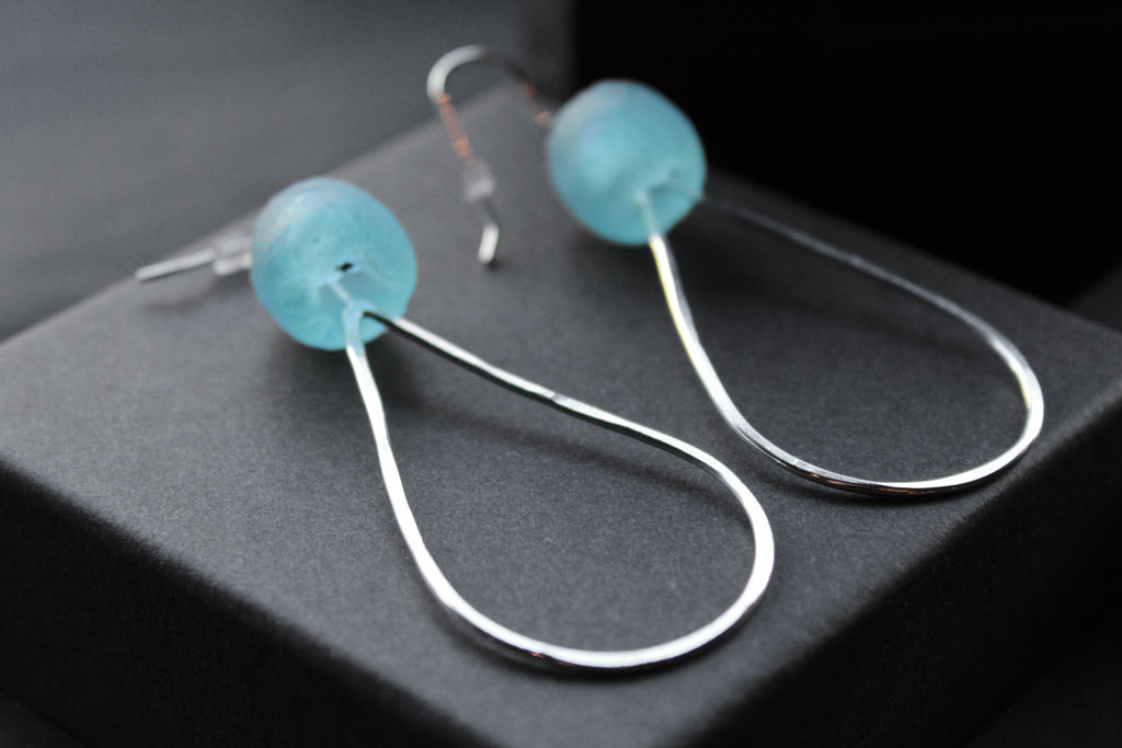 Aqua Sea Glass Tear Drop Hoops