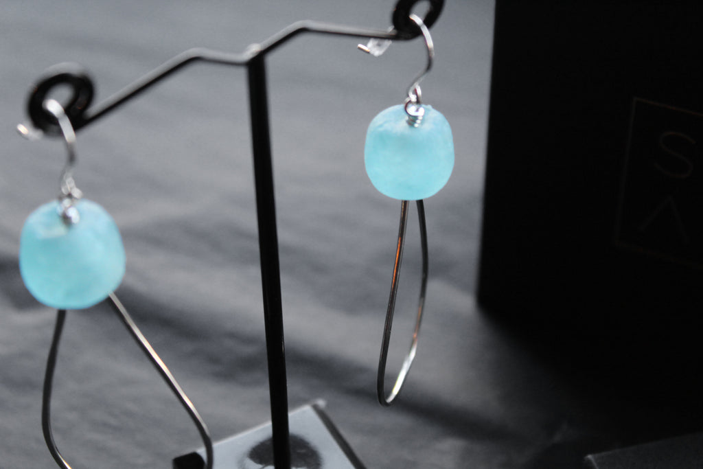 Aqua Sea Glass Tear Drop Hoops
