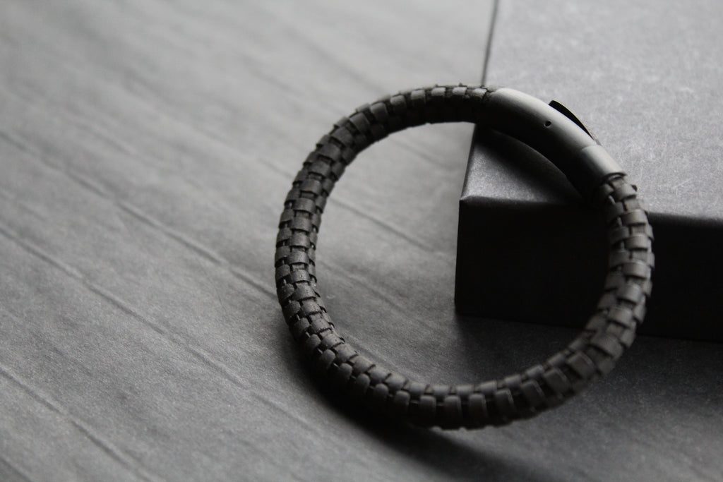 Black Leather Bracelet with Black Steel Clasp