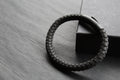 Black Leather Bracelet with Black Steel Clasp