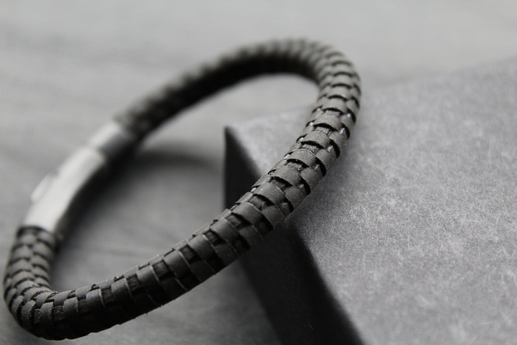 Black Leather Bracelet with Black Steel Clasp