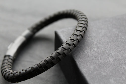 Black Leather Bracelet with Black Steel Clasp