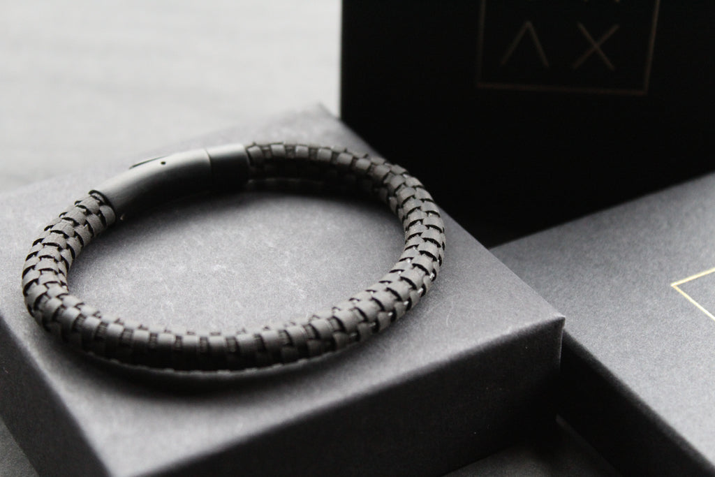 Black Leather Bracelet with Black Steel Clasp