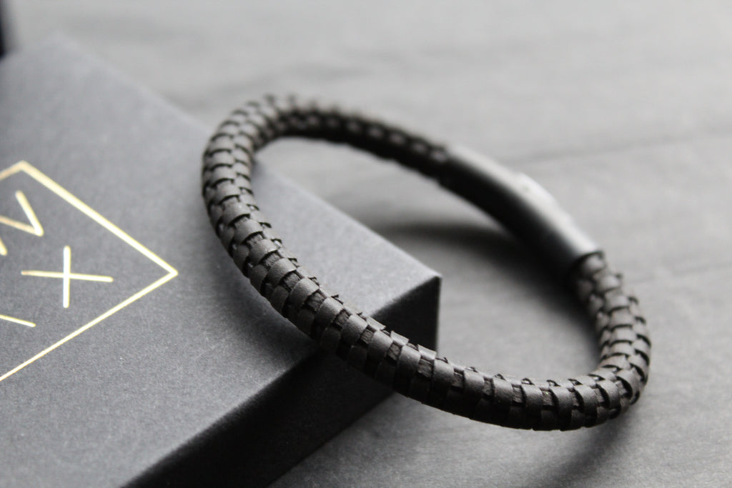 Black Leather Bracelet with Black Steel Clasp