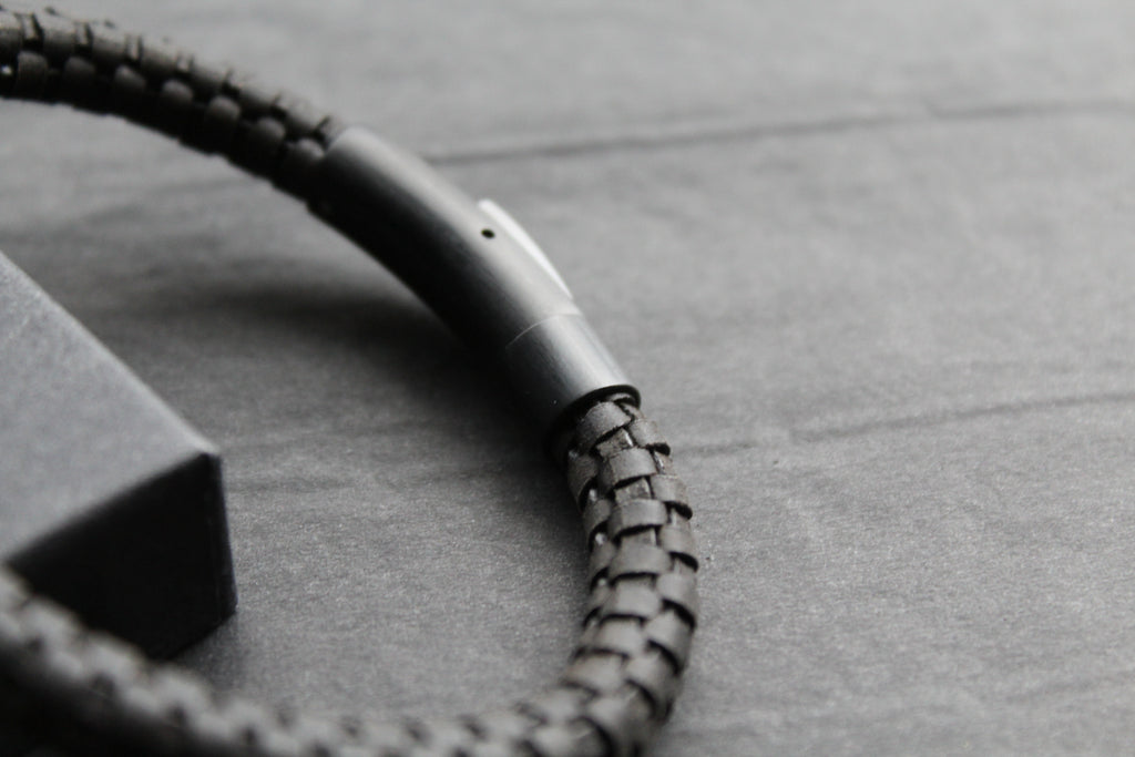 Black Leather Bracelet with Black Steel Clasp