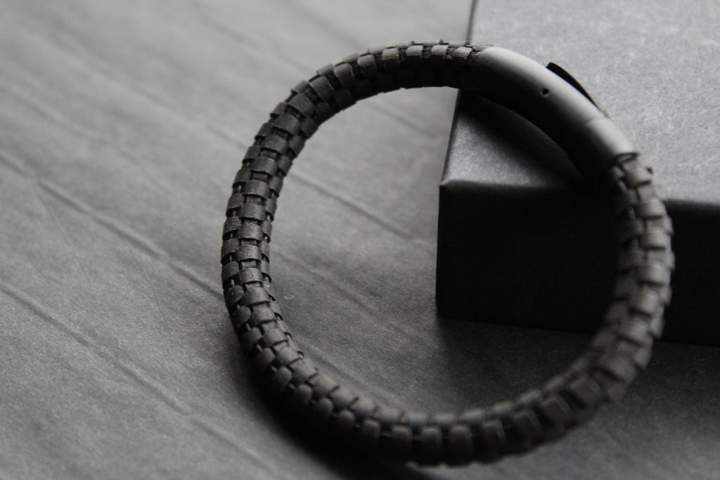 Black Leather Bracelet with Black Steel Clasp