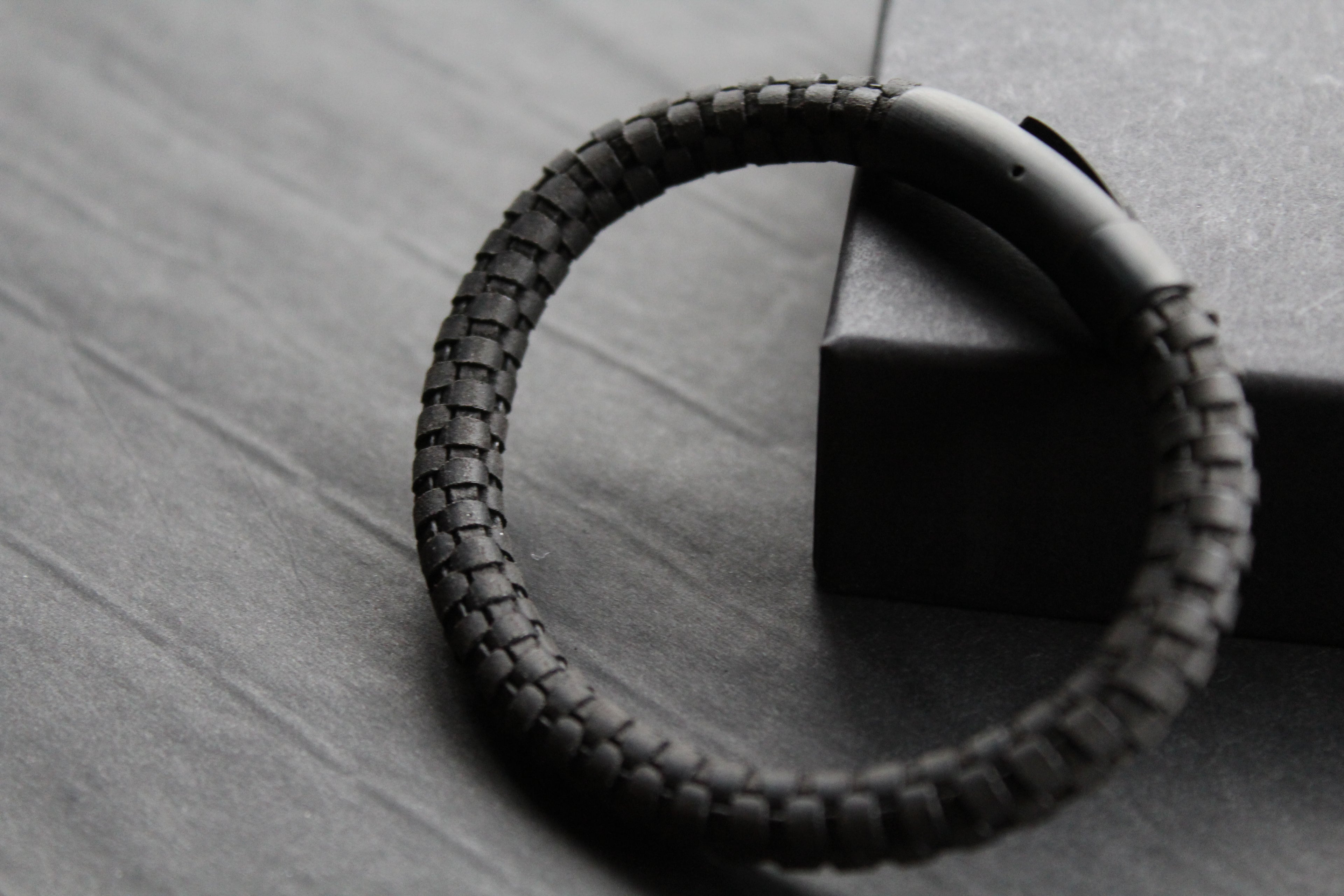 Black Leather Bracelet with Black Steel Clasp